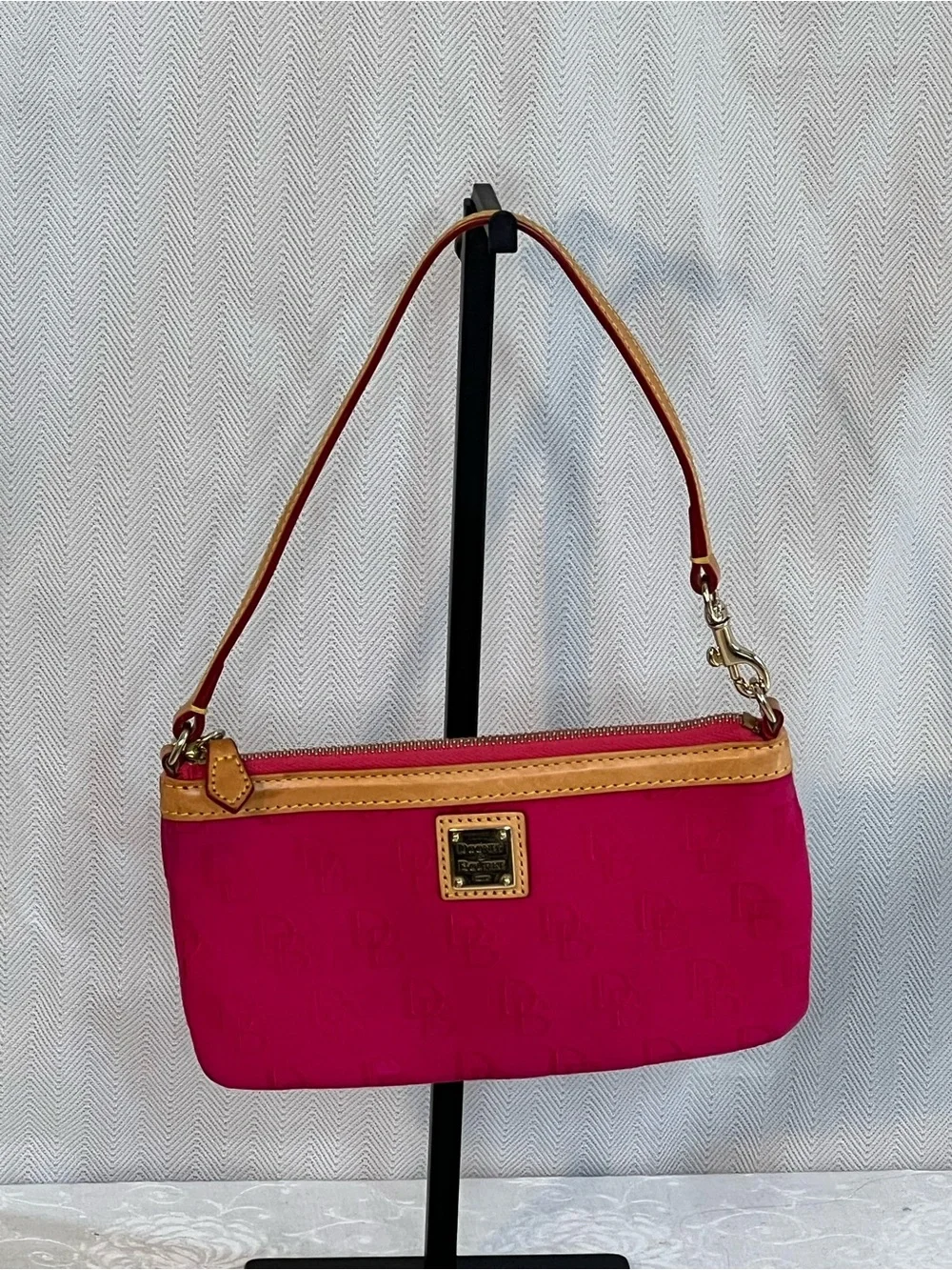Dooney & Bourke City Slim Wristlet  Purse Pink Debossed Monogram Tan Leather